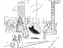 A cartoon of an igloo being dropped by a crane onto Swarthmore's campus